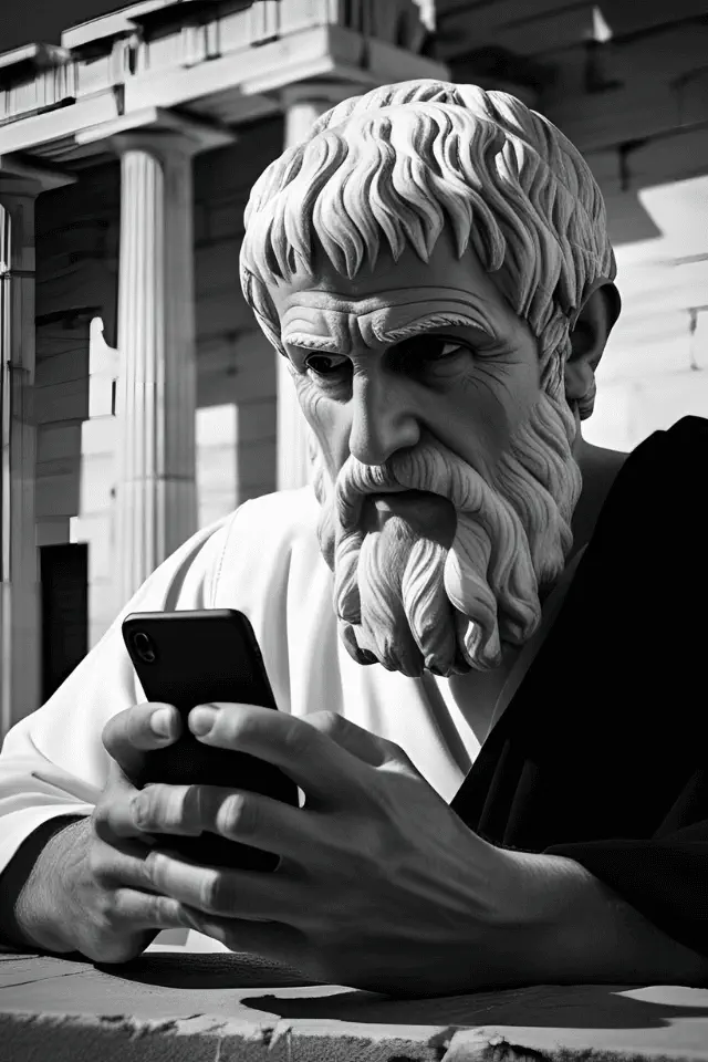 Socrate in versione scultorea guarda intensamente lo schermo di uno smartphone, interagendo sui social.