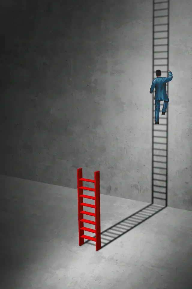 Illustrazione concettuale dell'immaginario: uomo che sale una scala fatta solo d’ombra, mentre la vera scala è a terra.