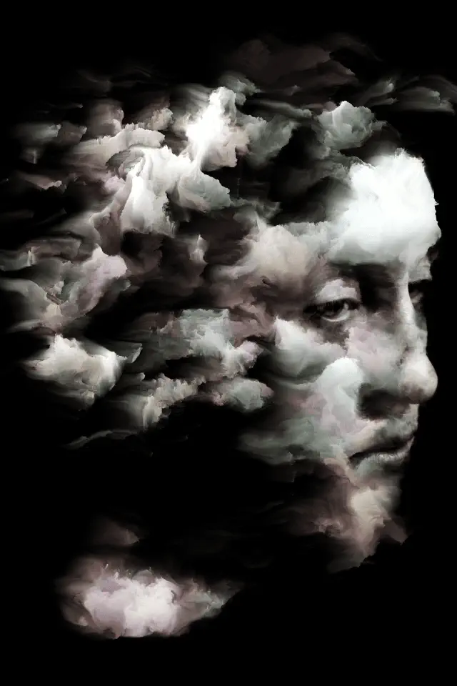 Volto umano che si dissolve tra nuvole, simbolo del dubbio e del pensiero come vie per ritrovare il significato del credere.