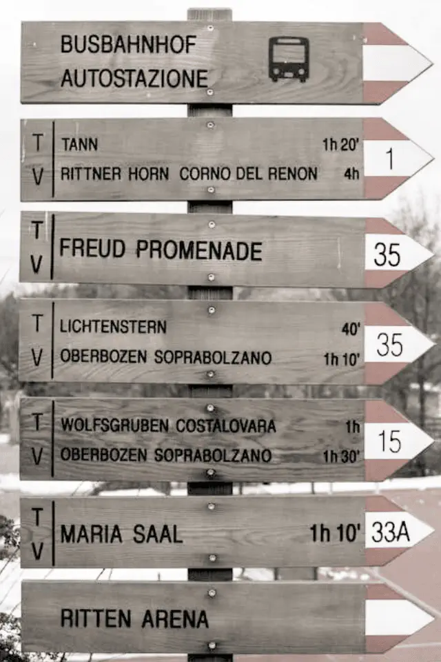 Cartelli stradali in legno che indicano la “Freud Promenade” a Collalbo sul Renon, simbolo del percorso della psicoanalisi