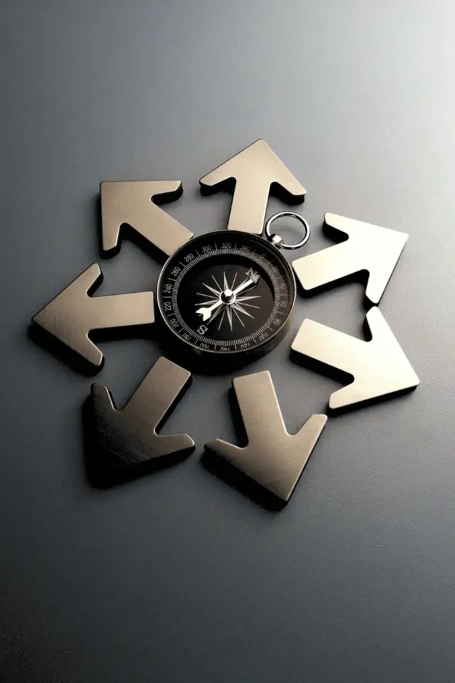 Bussola circondata da frecce metalliche rivolte in diverse direzioni, simbolo delle scelte guidate dall’istinto o dall’impulso.